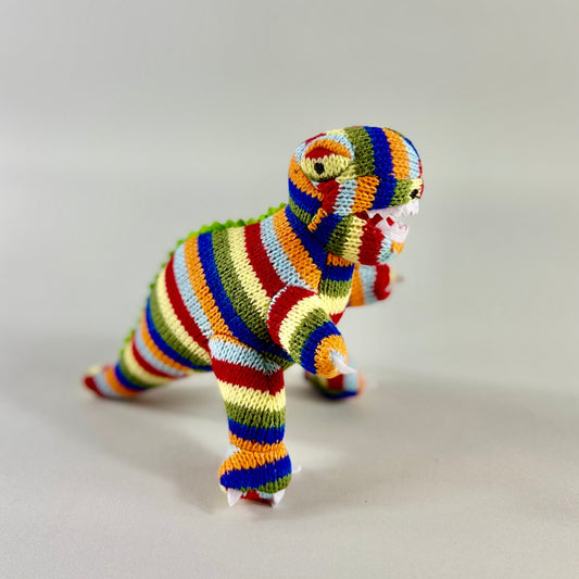 Knitted Stripe T-Rex Dinosaur - Small - Rattle