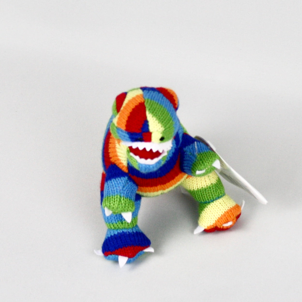 Rainbow Stripe T Rex Knitted Soft Toy Rattle