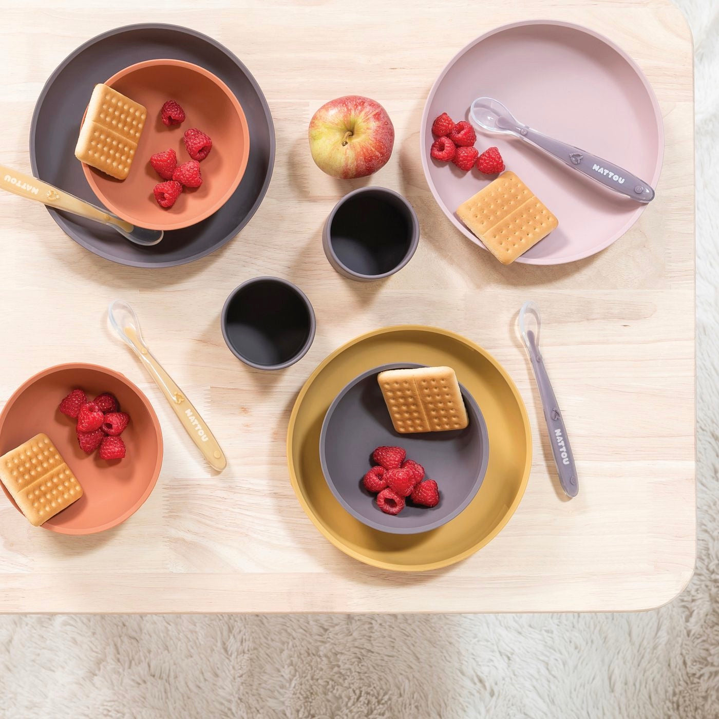 4 Piece Silicone Tableware Set - Mustard / Terracotta / Purple