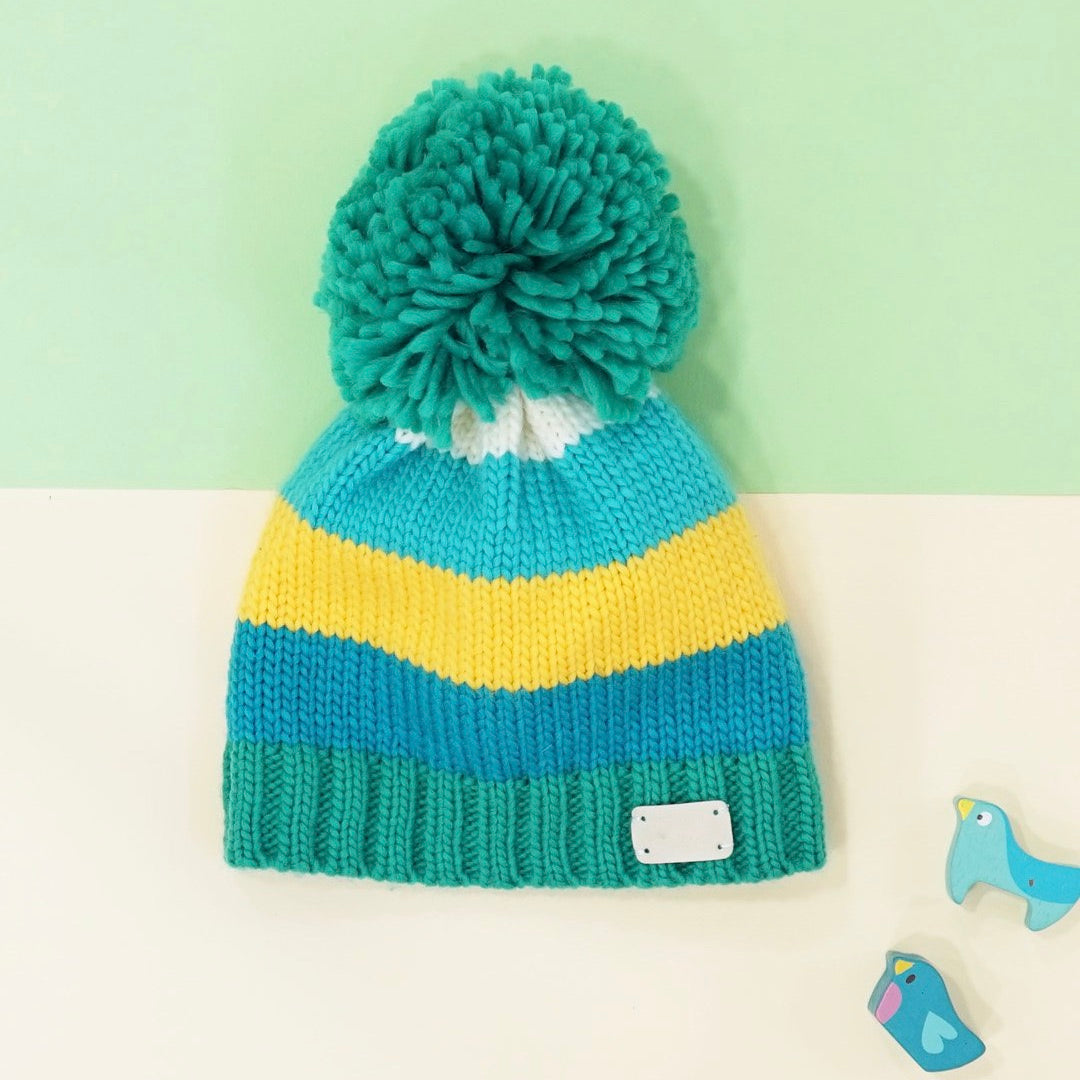 Green & Mustard Stripe Bobble Hat