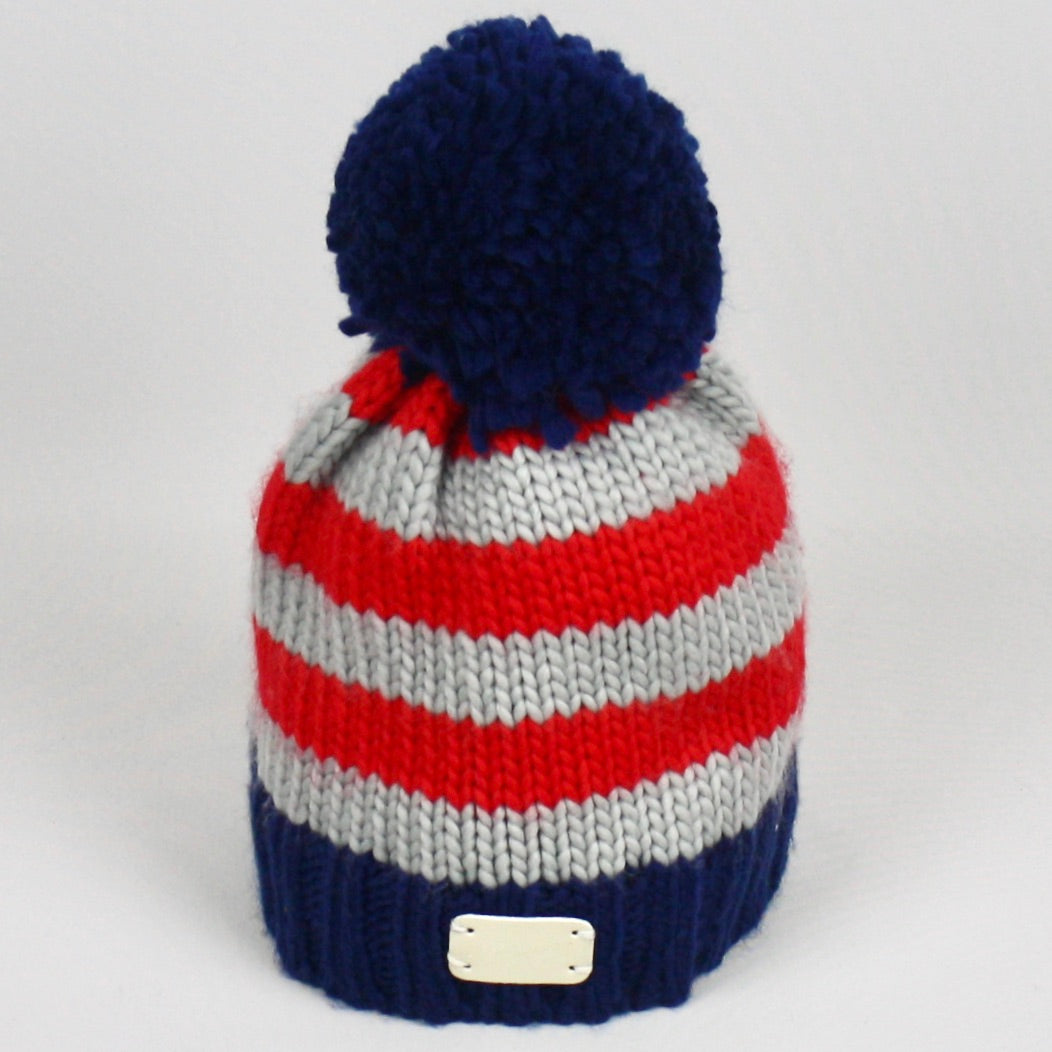 Red & Grey Stripe Bobble Hat