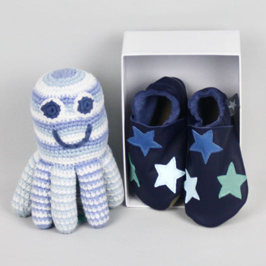 Baby Gift Set - Shoes & Blue Octopus Rattle