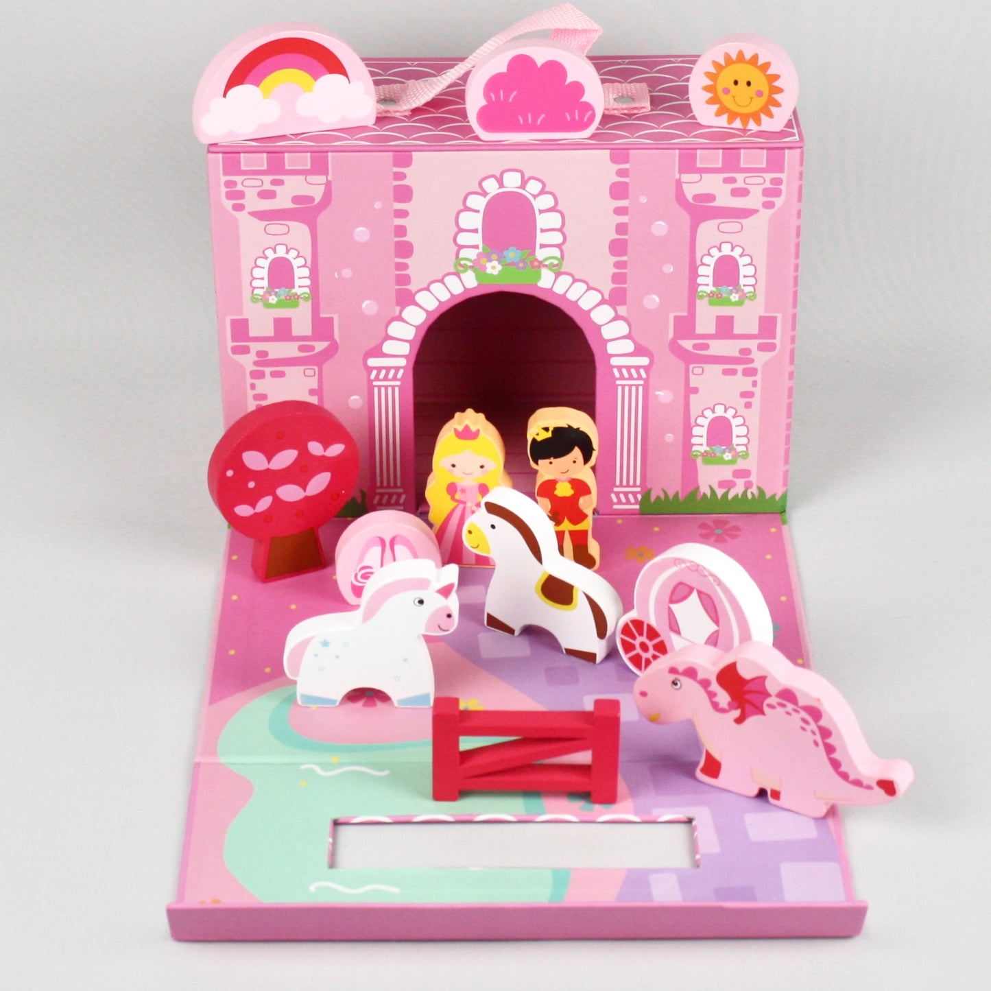 Foldaway Unicorn Castle with wooden play pieces