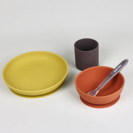 4 Piece Silicone Tableware Set - Mustard / Terracotta / Purple