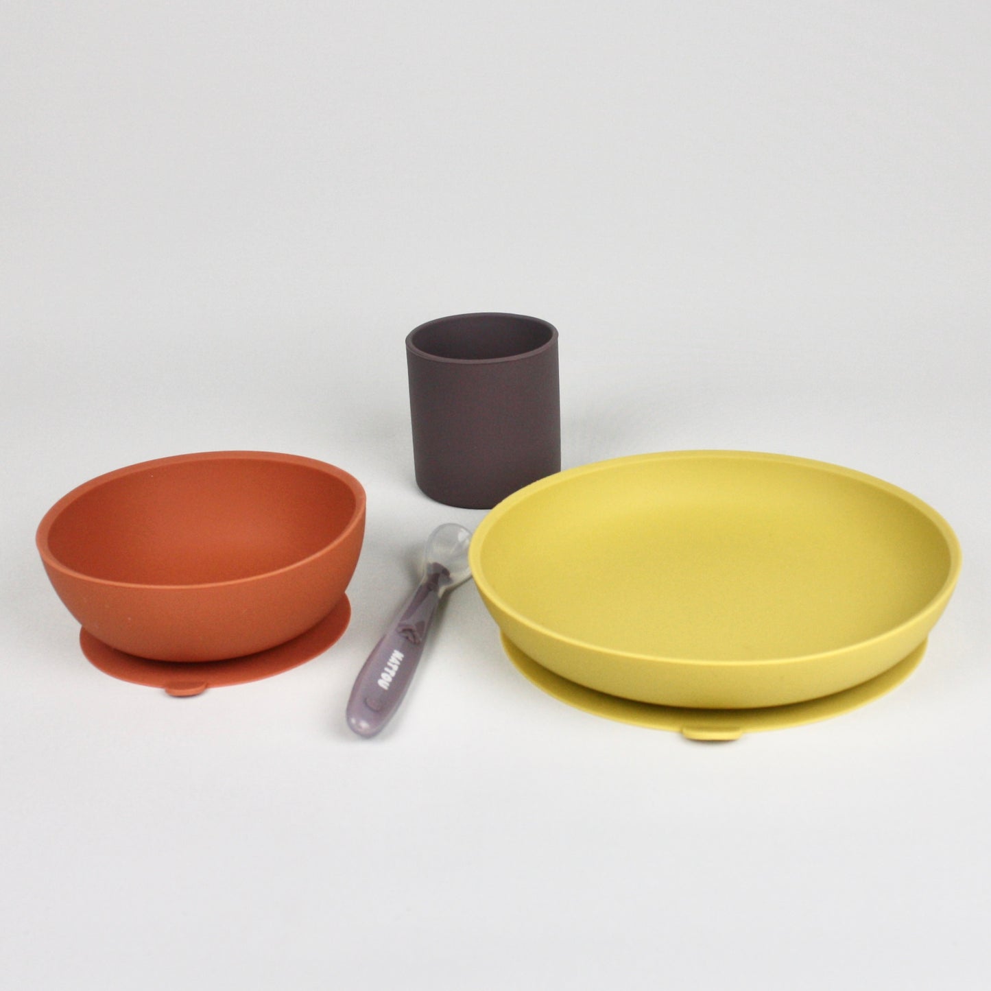 4 Piece Silicone Tableware Set - Mustard / Terracotta / Purple