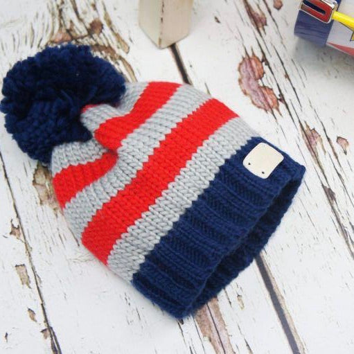 Red & Grey Stripe Bobble Hat