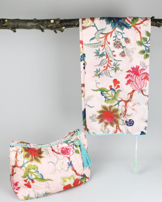 Pink Exotic Flower Toiletries Bag and Scarf