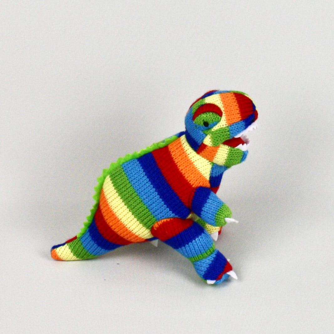 Rainbow Stripe T Rex Knitted Soft Toy Rattle